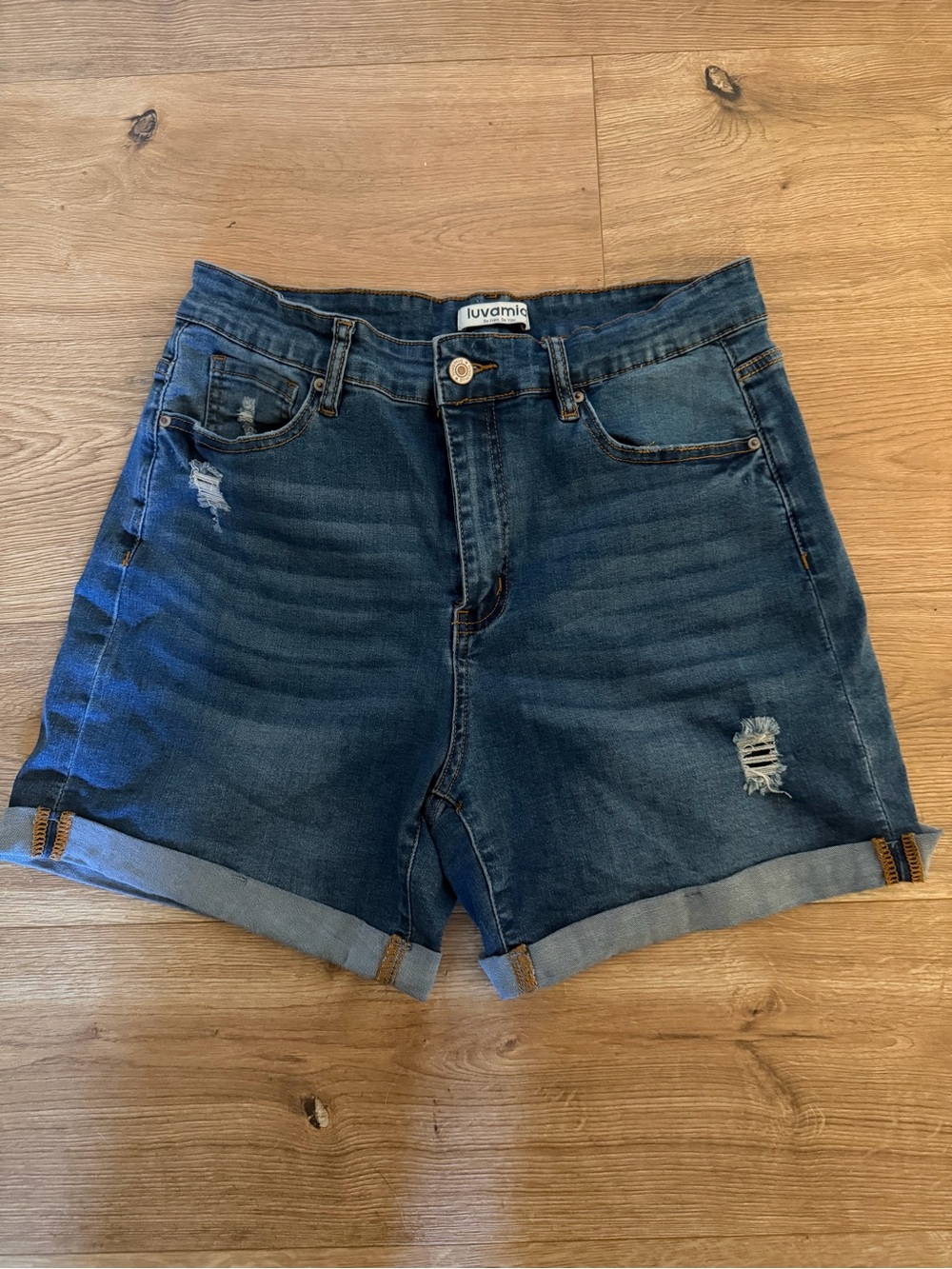 Luvamia Women's Dark Wash Distressed Denim Shorts